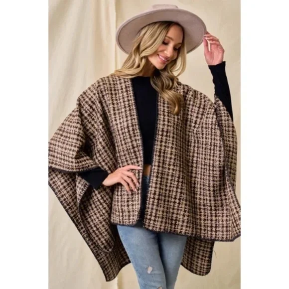 Mocha Brown Houndstooth Knit Shawl Open Poncho Wrap Casual Fall Winter One Size - Picture 2 of 6